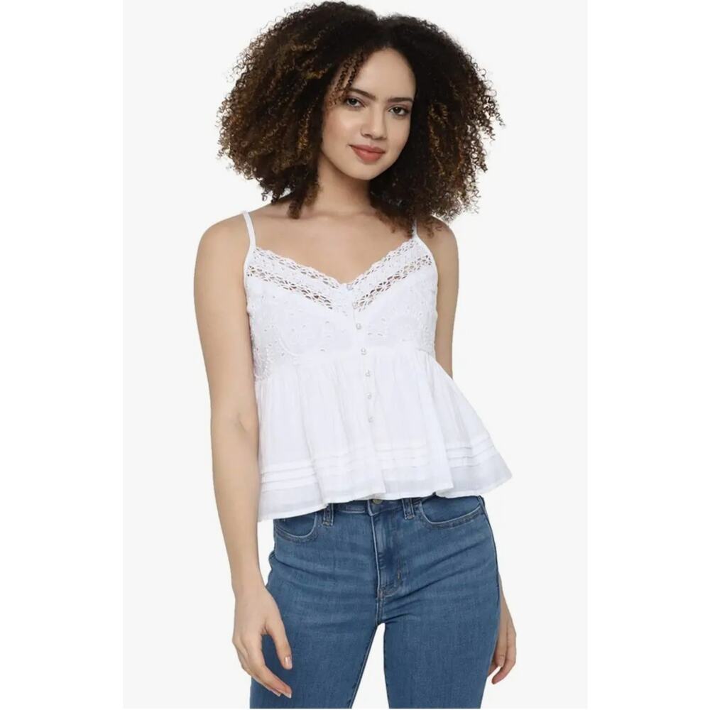 American Eagle White Eyelet Lace Babydoll Cami Top Cotton Size Large Cottage